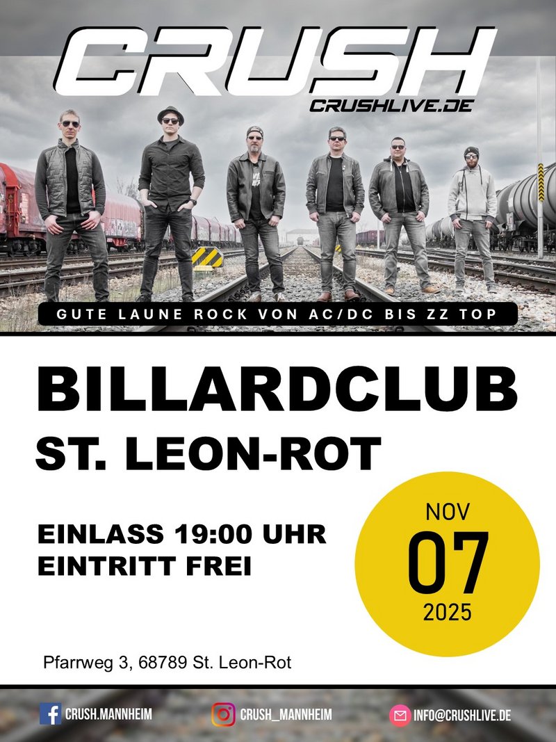 Sieben Männer in lässiger Kleidung stehen auf Bahngleisen, darüber der Schriftzug CRUSH